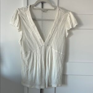 NWT Lucky Brand delicate lace and pretty textured deep V feminine Tee XS